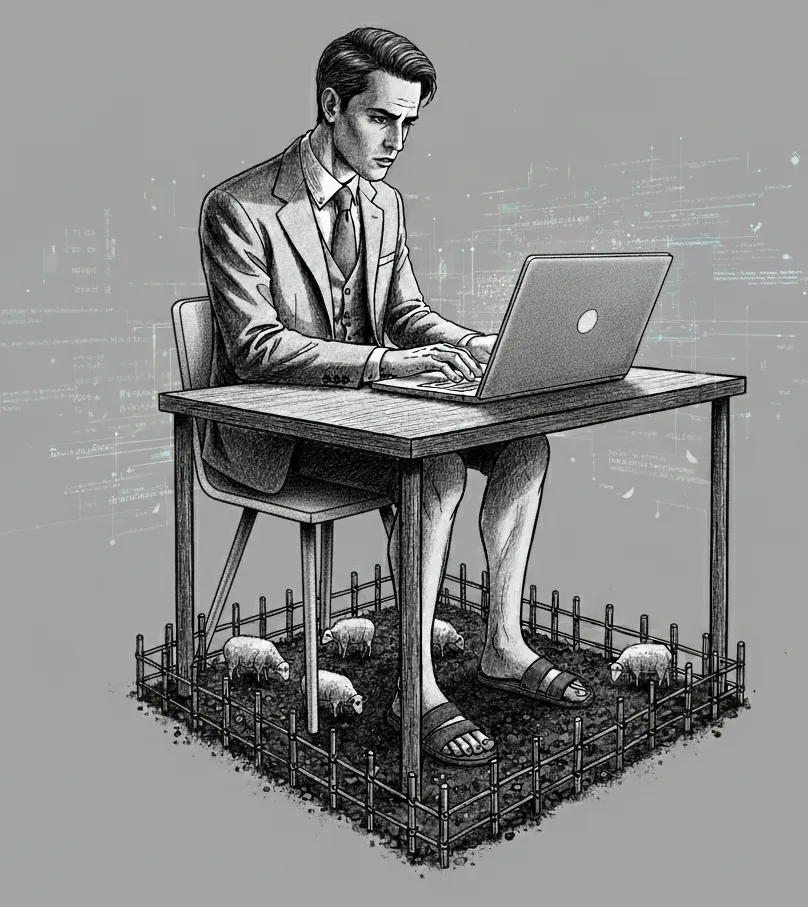 An illustration depicting the transition from pastoral land to industrial systems