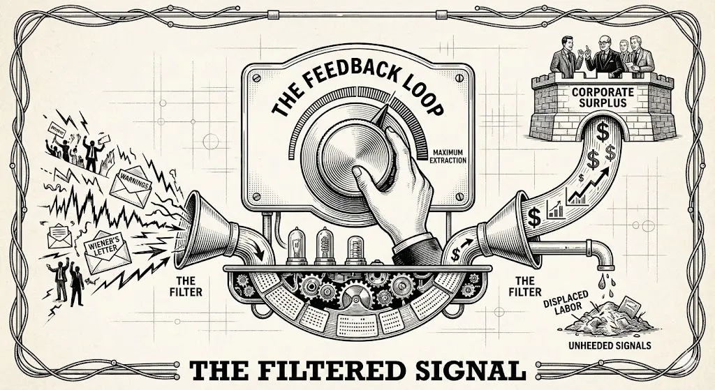 An intricate mechanical diagram showing a feedback loop machine. A hand turns a dial toward 'Maximum Extraction' while warnings and letters enter a filter, resulting in corporate surplus flowing into a fortress and displaced labor being discarded.