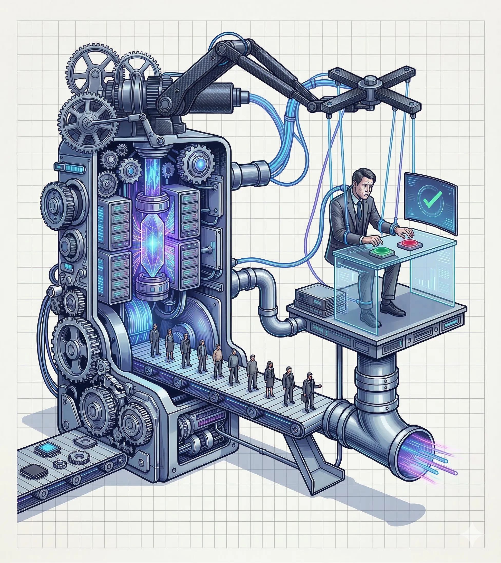 An intricate illustration of a massive machine. Inside, humans are being processed on a conveyor belt. Above them, a man in a suit sits at a transparent desk with simple red and green buttons, while his arms are controlled by mechanical puppeteer strings from the machine above. A screen in front of him shows a green checkmark.