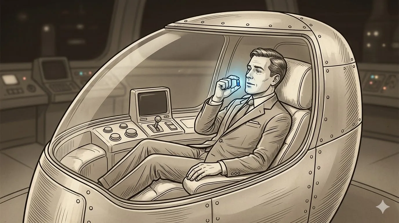 The central focus is a man dressed in a sharp, classic business suit and tie. He is seated comfortably, leaning back with a calm, almost serene expression on his face. In his right hand, he is holding a small, brightly glowing blue pill up near his mouth, contemplating it. The vivid cyan glow of the pill is the only prominent splash of color in the entire image, immediately drawing the eye.